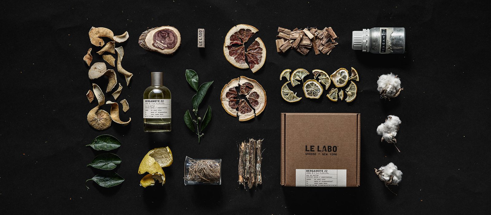 Le Labo Bergamote 22 eau de parfum bottle with bergamot fruit and citrus peel