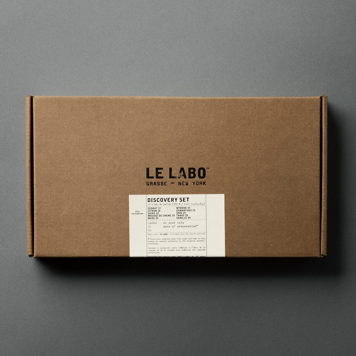 Le Labo discovery set kraft box with printed label and sample vials