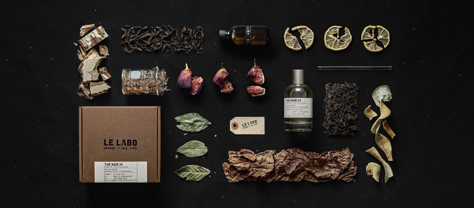 Le Labo Thé Noir 29 eau de parfum bottle with black tea leaves, figs and bergamot