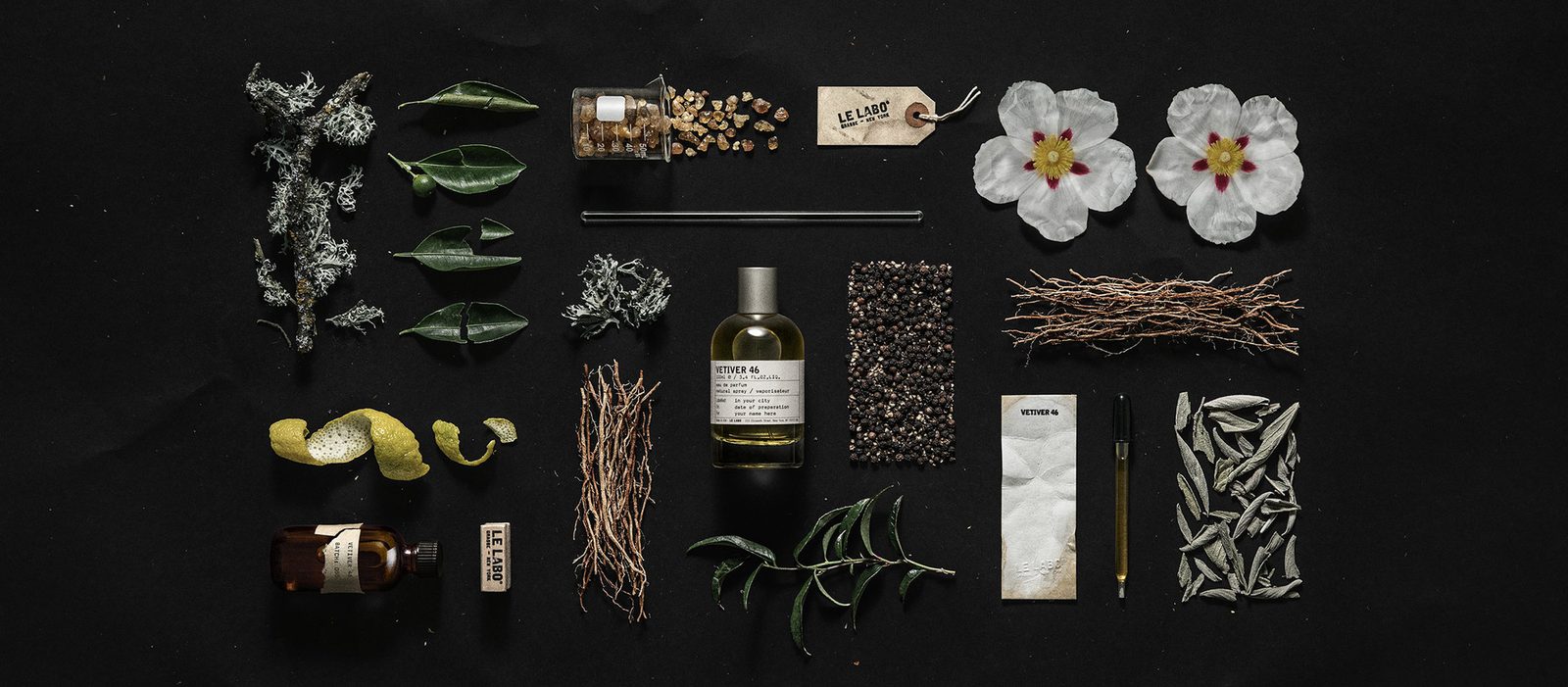 Le Labo Vetiver 46 eau de parfum bottle with vetiver roots, pepper and clove